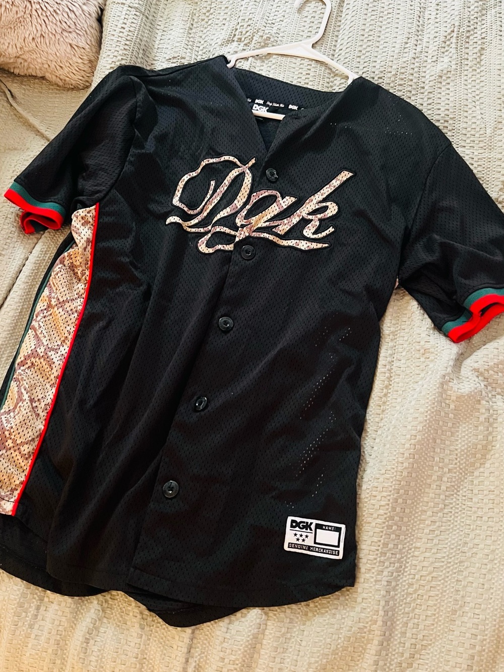 DGK Black Baseball Jersey with Snake-Print Script and Red/Green Trim